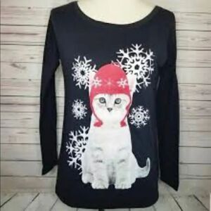 2/$30 FRZ Grey Holiday Kitten Snowflake Graphic Long Sleeve T-Shirt